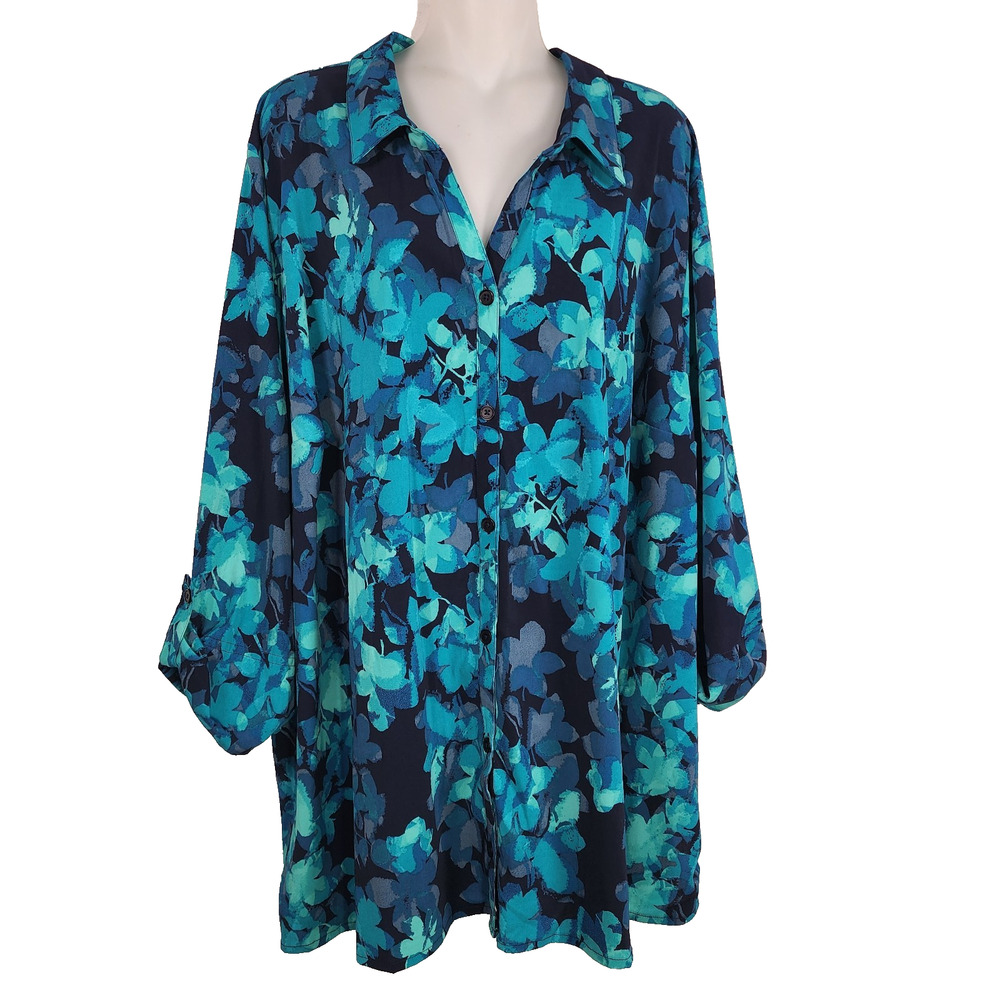Catherines Women's The Timeless Blouse Navy Abstract Floral Button Up 4X Relaxed